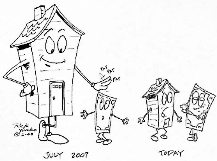 Rick Yurko cartoon, 2007: a house deflating from July 2007 to today