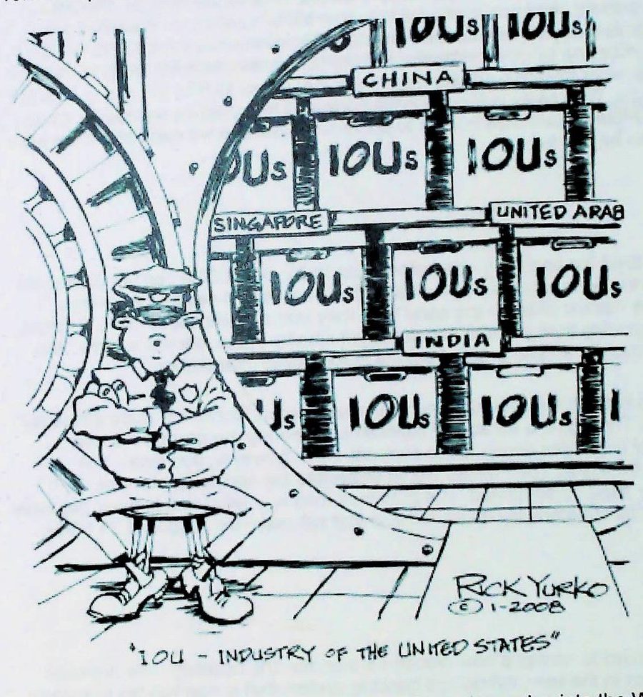 Rick Yurko cartoon, 2008: a guard outside a Treasury vault stacked with IOUs