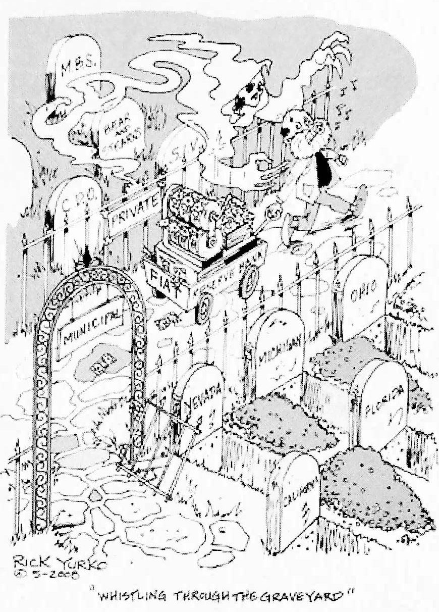 Rick Yurko cartoon, 2008: “Whistling through the graveyard”