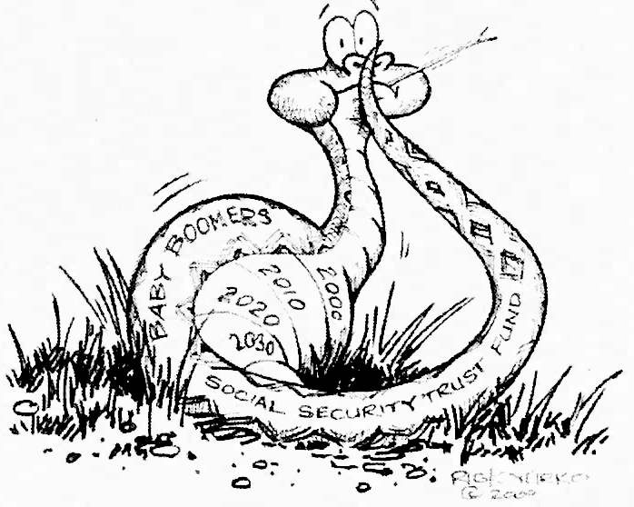 Rick Yurko cartoon, 2010: the Social Security trust fund as a snake swallowing the Baby Boom